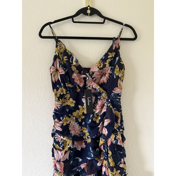 New Lulus Soiree Navy Blue Floral Print Ruched Midi Dress Size XS‎ - Picture 4 of 8